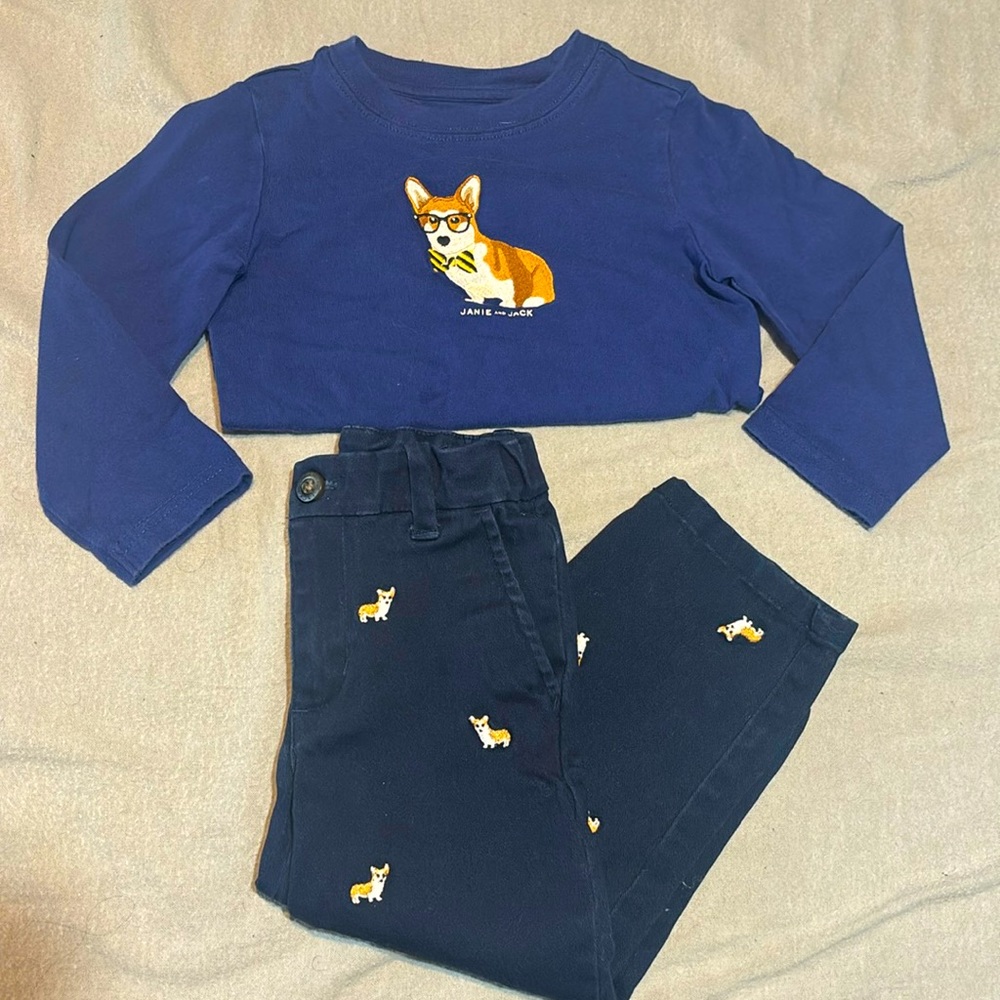 Janie and Jack Navy Blue Corgi Embroidered Kids Matching Set